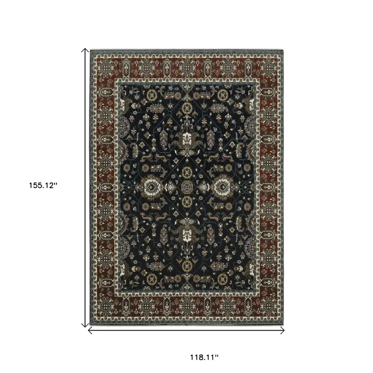 10' X 13' Navy Blue And Rust Oriental Area Rug With Fringe
