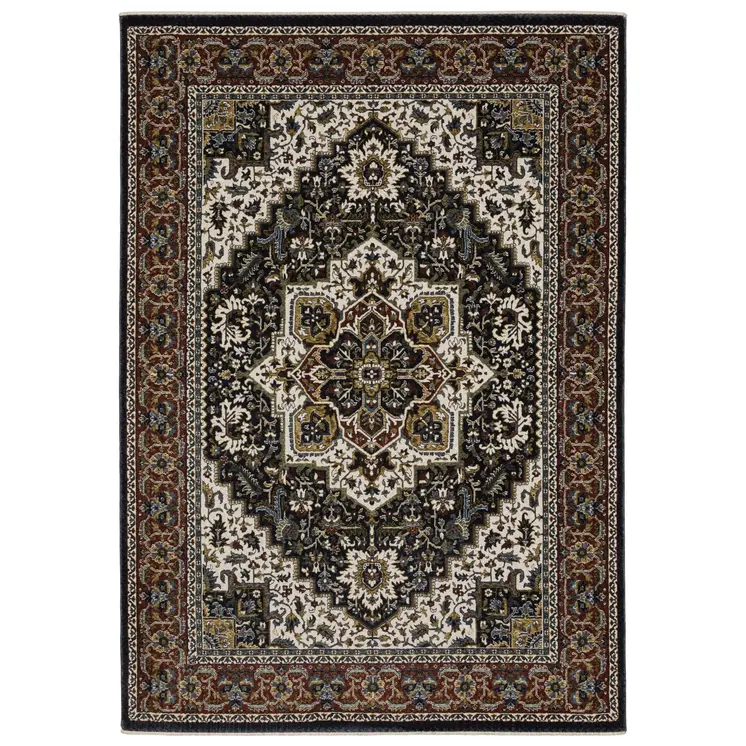 10' X 13' Navy Blue Black And Ivory Medallion Area Rug With Fringe