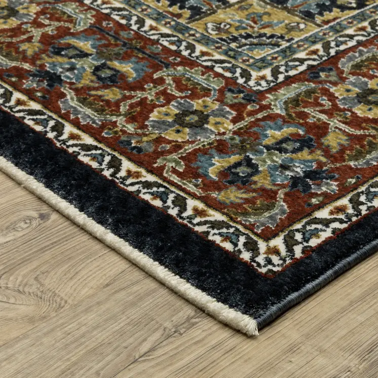 10' X 13' Navy Blue Black And Ivory Medallion Area Rug With Fringe