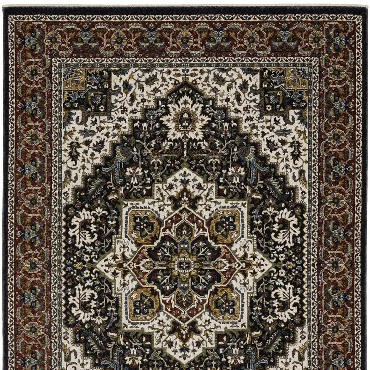 10' X 13' Navy Blue Black And Ivory Medallion Area Rug With Fringe