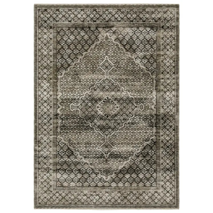 10' X 13' Gray And Beige Medallion Area Rug With Fringe