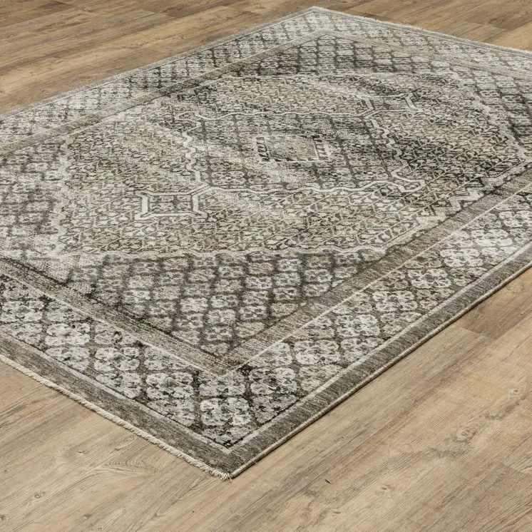 10' X 13' Gray And Beige Medallion Area Rug With Fringe
