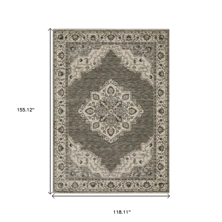 10' X 13' Gray And Beige Medallion Area Rug With Fringe