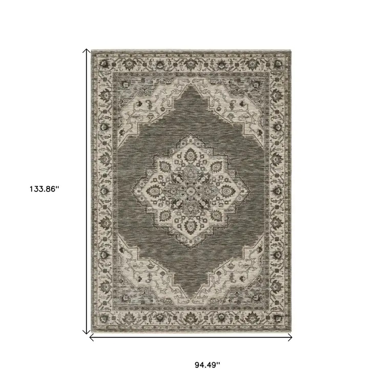 8' X 11' Gray And Beige Medallion Area Rug With Fringe