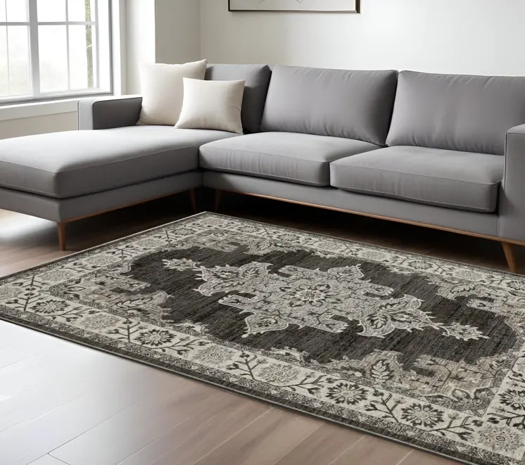 10' X 13' Gray And Beige Medallion Area Rug With Fringe