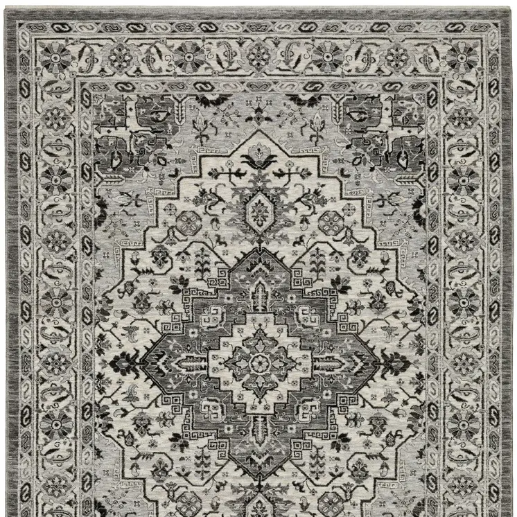 10' X 13' Gray And Ivory Medallion Area Rug With Fringe