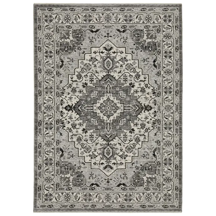 10' X 13' Gray And Ivory Medallion Area Rug With Fringe