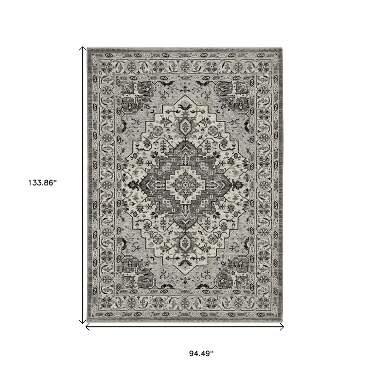 8' X 11' Gray And Ivory Medallion Area Rug With Fringe