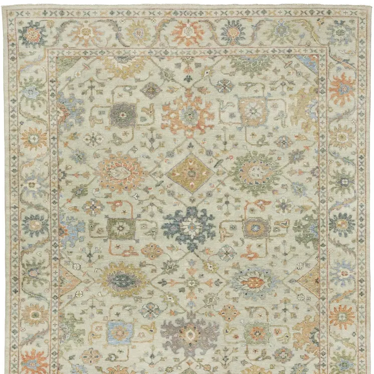 10' X 14' Beige And Green Wool Oriental Hand Knotted Area Rug With Fringe