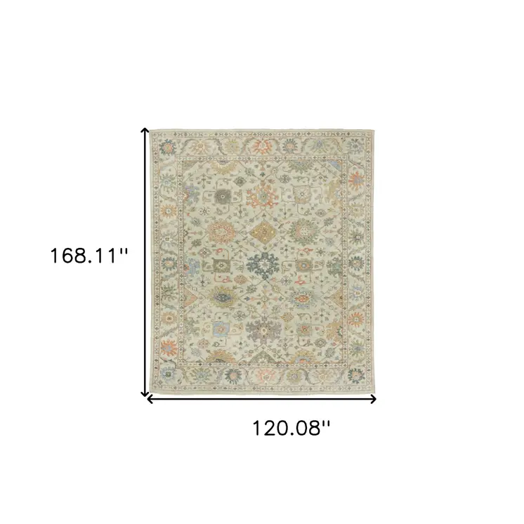 10' X 14' Beige And Green Wool Oriental Hand Knotted Area Rug With Fringe