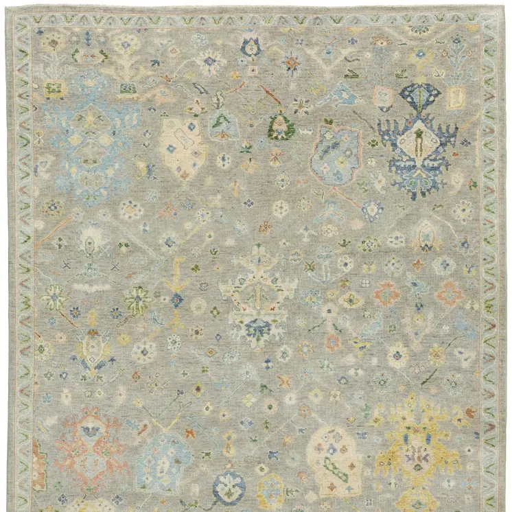 10' X 14' Gray Green And Yellow Wool Oriental Hand Knotted Area Rug With Fringe