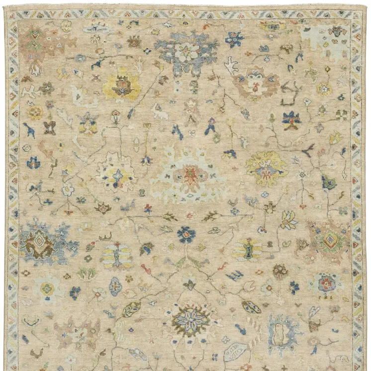 9' X 12' Gray Green And Yellow Wool Oriental Hand Knotted Area Rug With Fringe