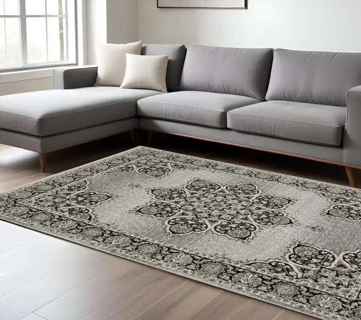 10' X 13' Gray And Black Medallion Area Rug With Fringe