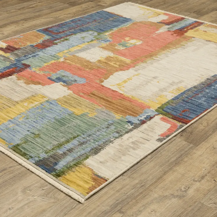 10' X 13' Pink Red And Yellow Abstract Area Rug With Fringe