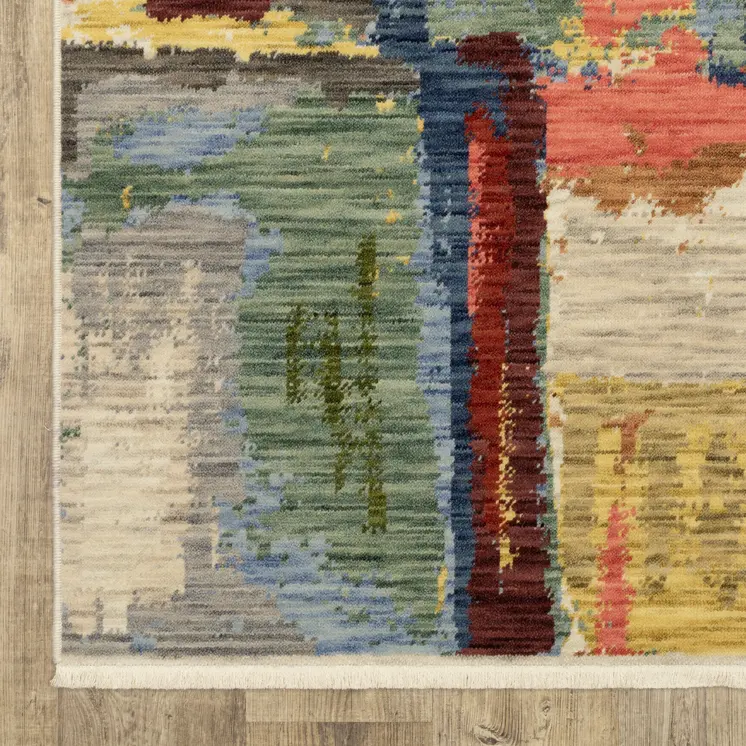 10' X 13' Pink Red And Yellow Abstract Area Rug With Fringe