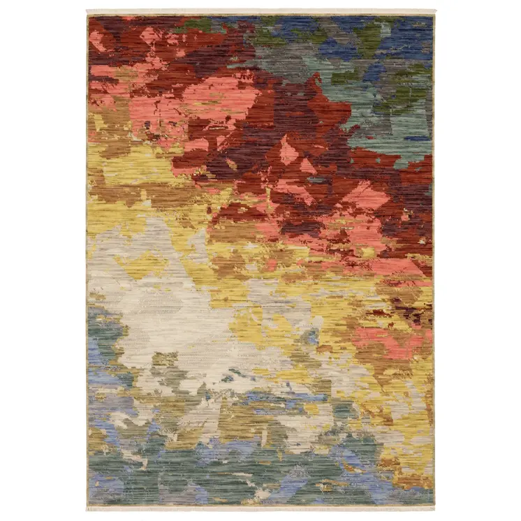 8' X 11' Beige Yellow And Rust Abstract Area Rug With Fringe