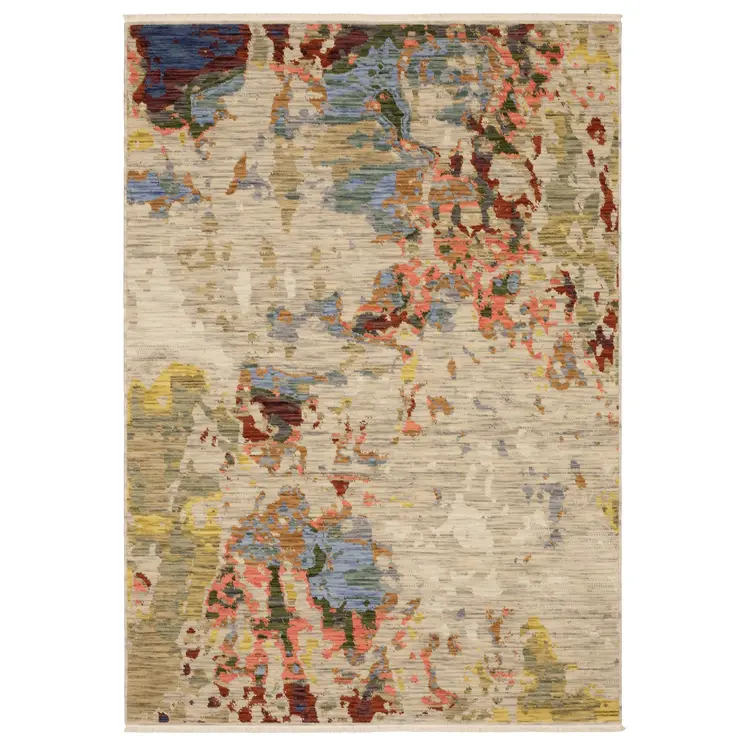 8' X 11' Beige Salmon And Tan Abstract Area Rug With Fringe