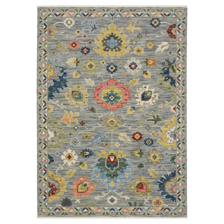 10' X 13' Gray Salmon And Yellow Oriental Area Rug With Fringe
