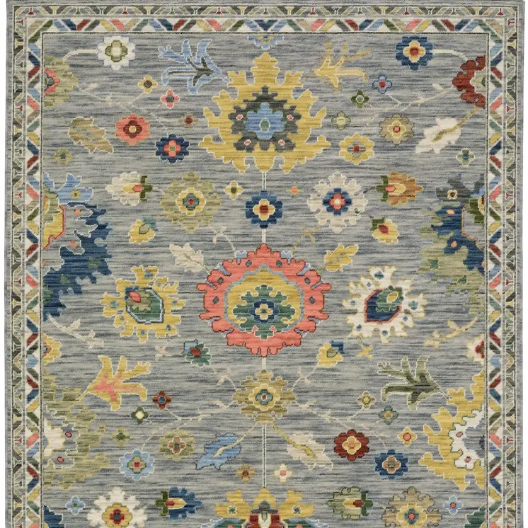 8' X 11' Gray Salmon And Yellow Oriental Area Rug With Fringe