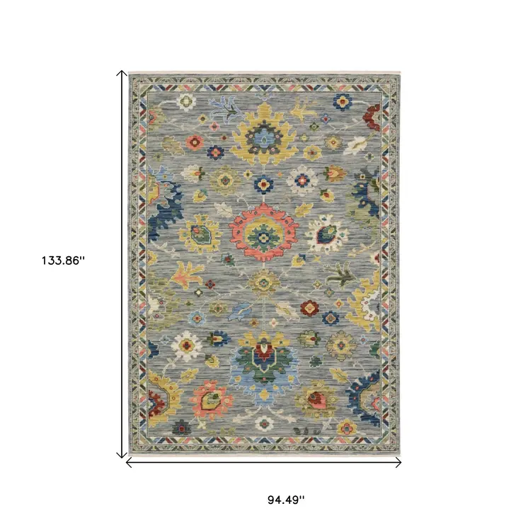 8' X 11' Gray Salmon And Yellow Oriental Area Rug With Fringe