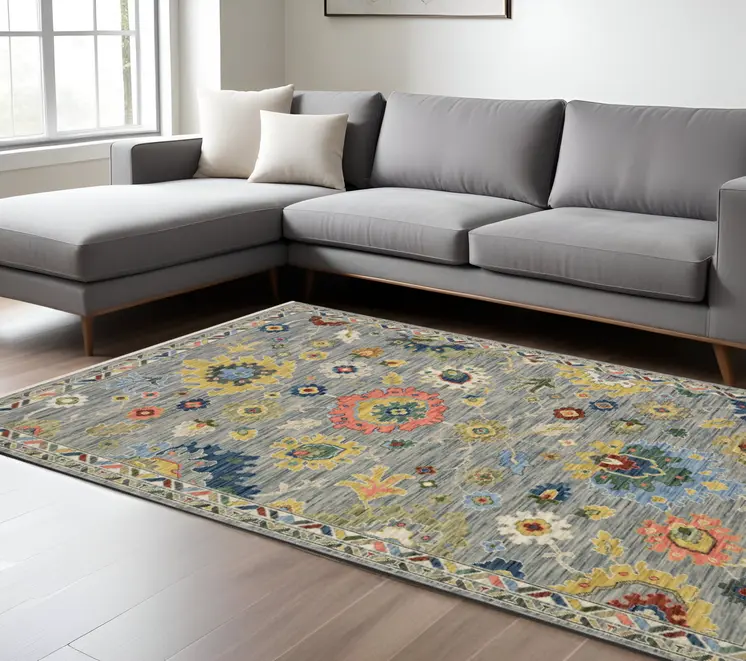 8' X 11' Gray Salmon And Yellow Oriental Area Rug With Fringe
