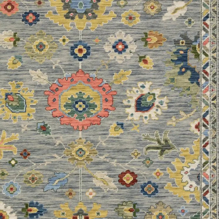 8' X 11' Gray Salmon And Yellow Oriental Area Rug With Fringe