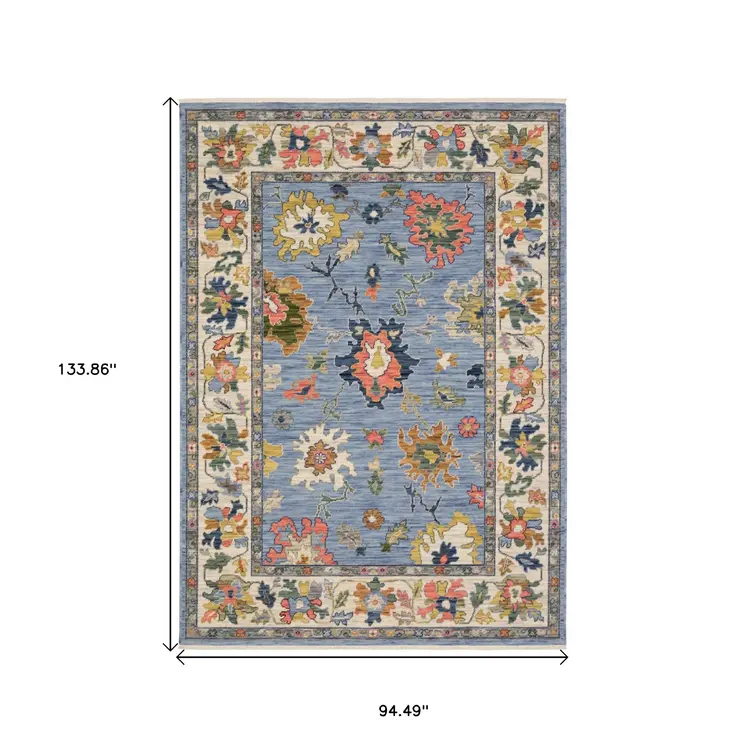 8' X 11' Blue Ivory And Yellow Oriental Area Rug With Fringe