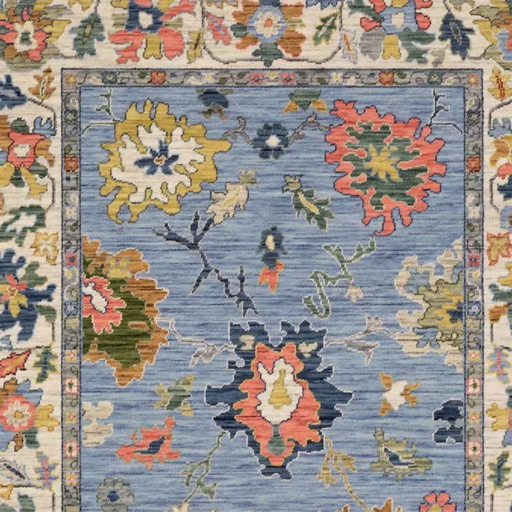 8' X 11' Blue Ivory And Yellow Oriental Area Rug With Fringe