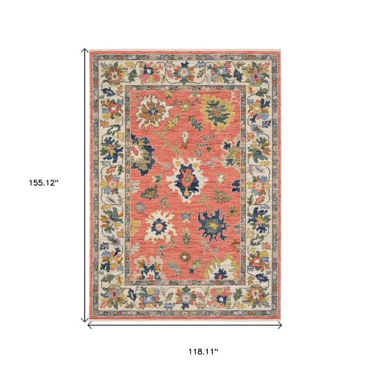 10' X 13' Salmon Blue And Yellow Oriental Area Rug With Fringe