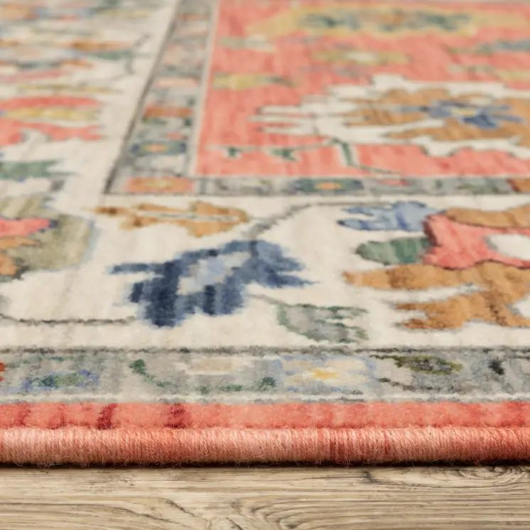 10' X 13' Salmon Blue And Yellow Oriental Area Rug With Fringe