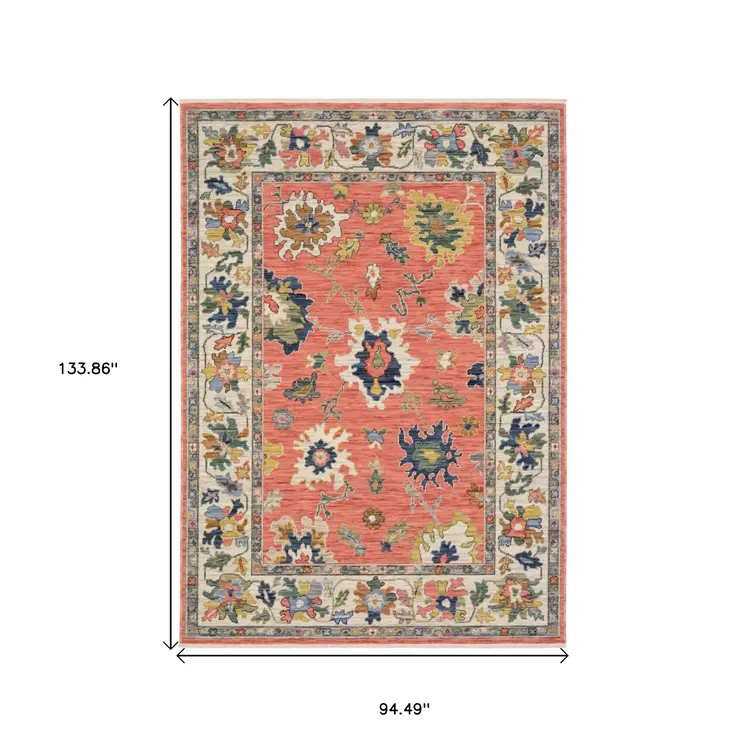 8' X 11' Salmon Blue And Yellow Oriental Area Rug With Fringe