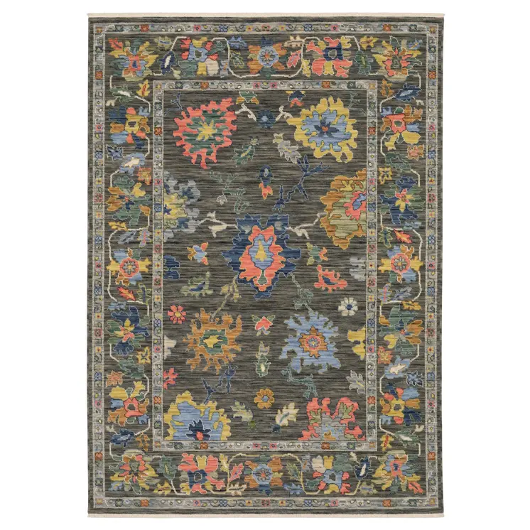 10' X 13' Gray Yellow And Orange Oriental Area Rug With Fringe