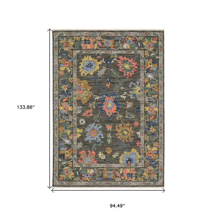 8' X 11' Gray Yellow And Orange Oriental Area Rug With Fringe
