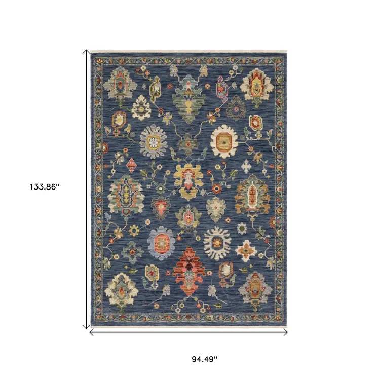 8' X 11' Blue Yellow And Red Oriental Area Rug With Fringe