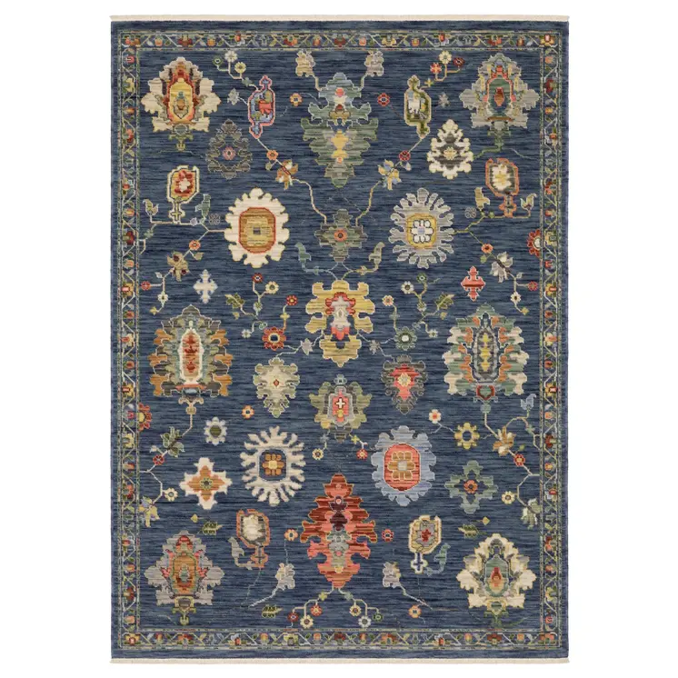 8' X 11' Blue Yellow And Red Oriental Area Rug With Fringe