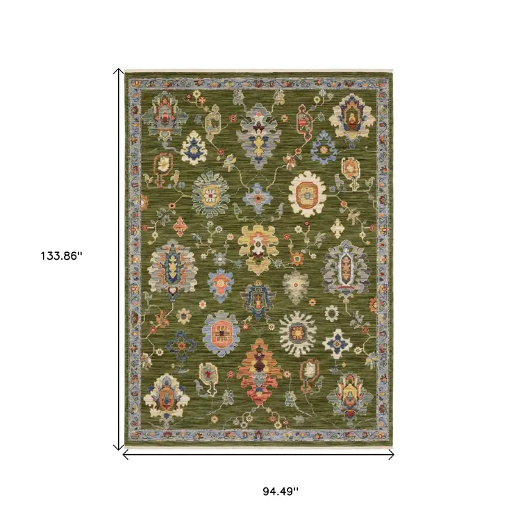 8' X 11' Green Blue And Yellow Oriental Area Rug With Fringe