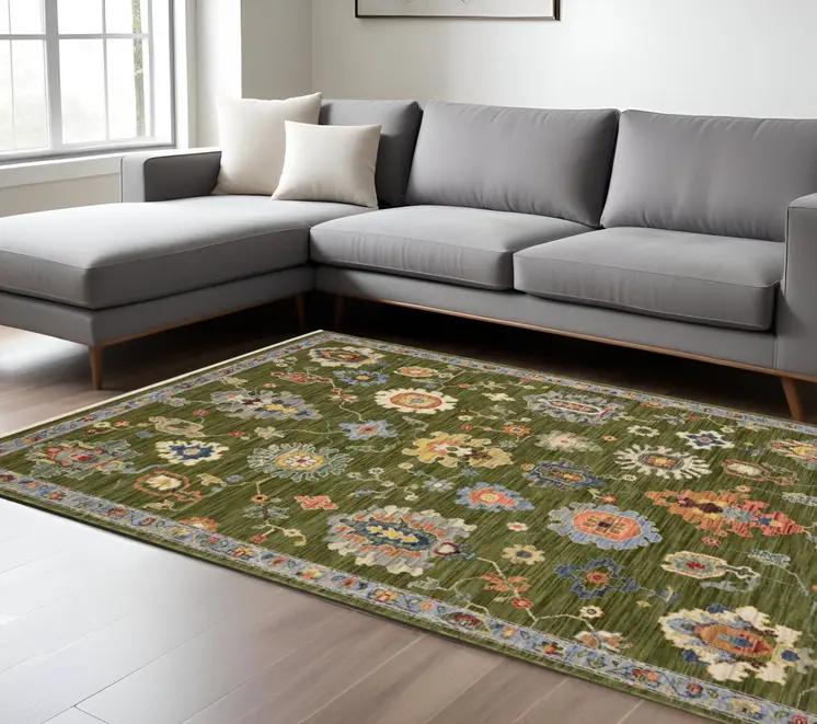 8' X 11' Green Blue And Yellow Oriental Area Rug With Fringe