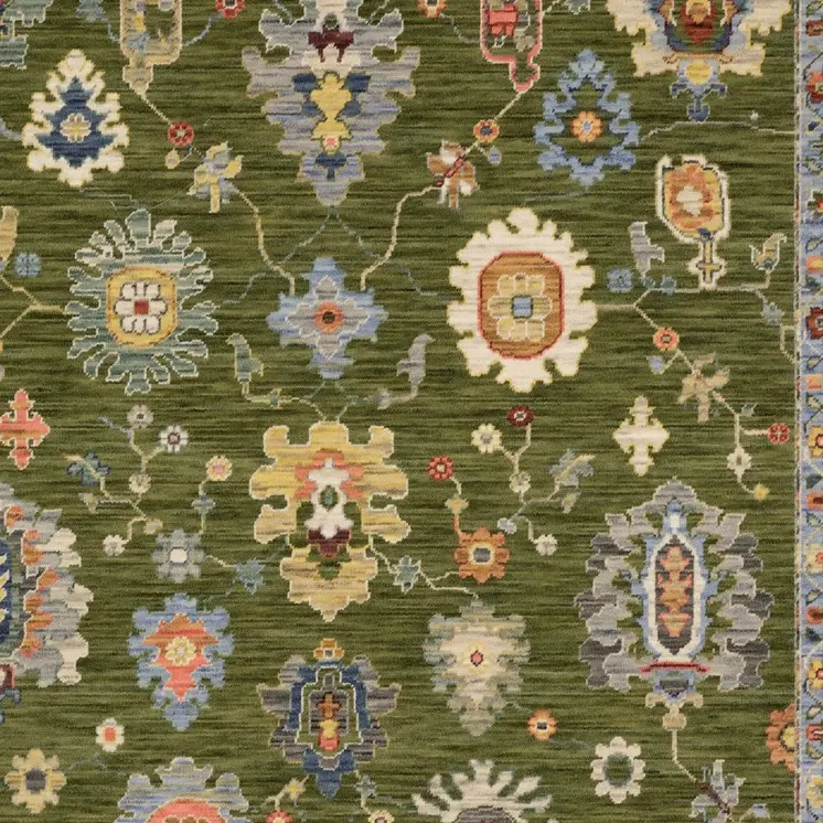 8' X 11' Green Blue And Yellow Oriental Area Rug With Fringe