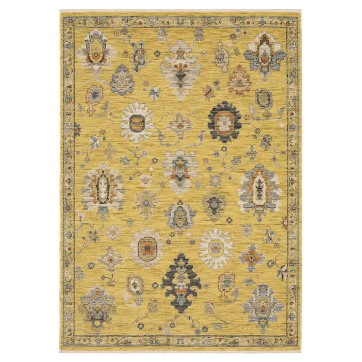 8' X 11' Yellow Gray And Black Oriental Area Rug With Fringe