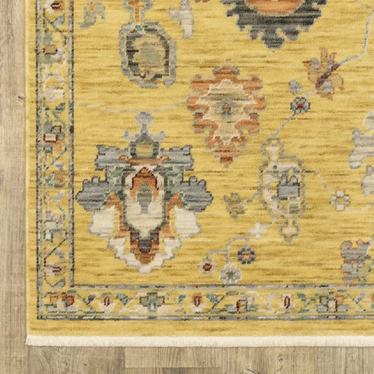 8' X 11' Yellow Gray And Black Oriental Area Rug With Fringe