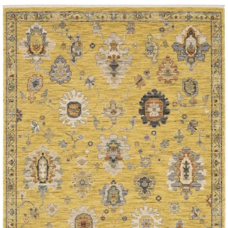 8' X 11' Yellow Gray And Black Oriental Area Rug With Fringe