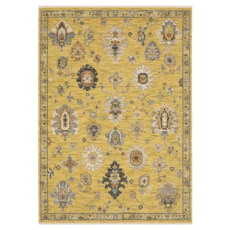 8' X 11' Yellow Gray And Black Oriental Area Rug With Fringe