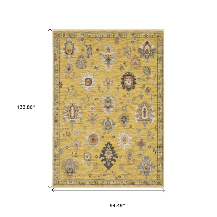 8' X 11' Yellow Gray And Black Oriental Area Rug With Fringe