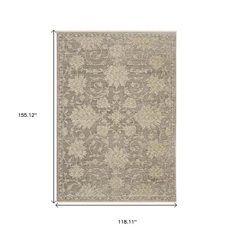 10' X 13' Gray And Beige Floral Area Rug With Fringe