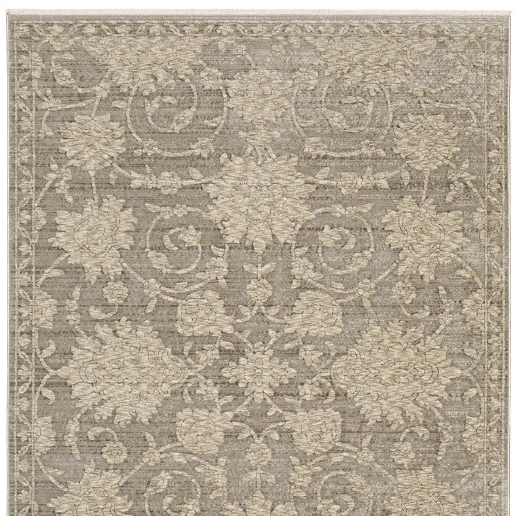 10' X 13' Gray And Beige Floral Area Rug With Fringe