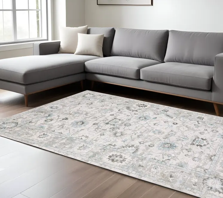 9' X 12' Ivory And Teal Blue Oriental Hand Tufted Area Rug