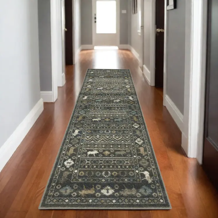 8' Blue And Gold Southwestern Runner Rug
