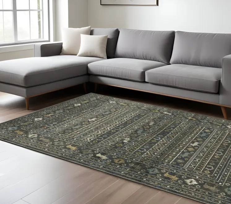 7' X 9' Blue And Gold Southwestern Area Rug