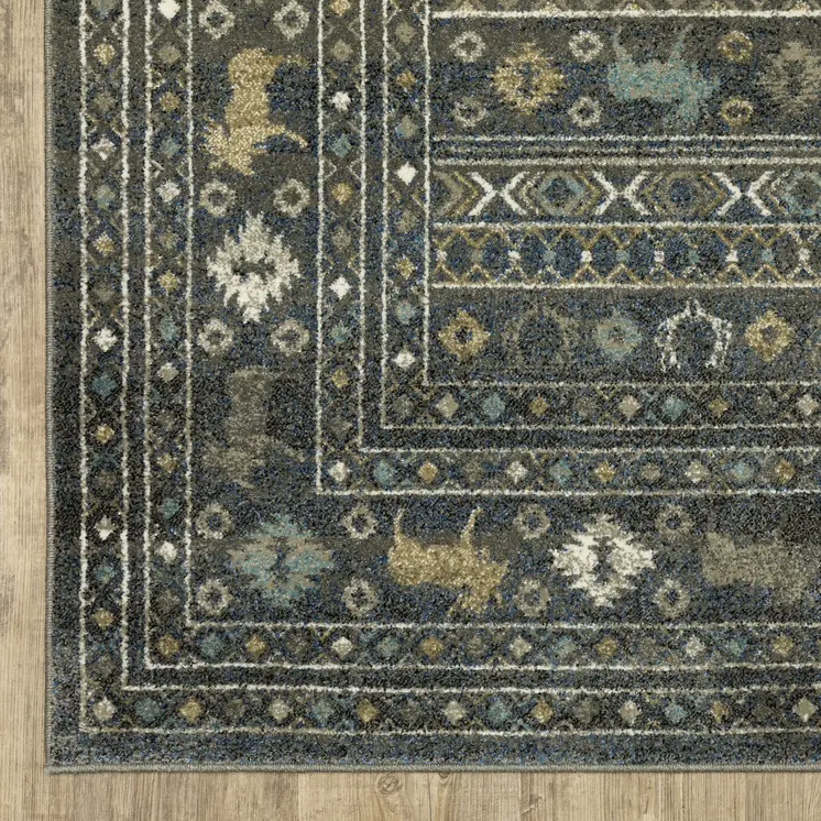 7' X 9' Blue And Gold Southwestern Area Rug