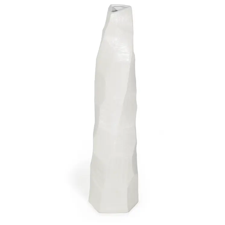 47" White Faceted Geometric Tapered Ceramic Floor Vase
